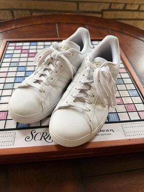 adidas White Low-Top Leather Sneakers with Gold Logo